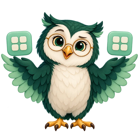 A friendly owl presenting two app options side by side.